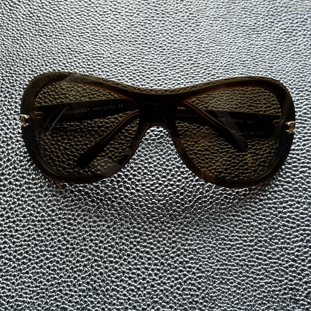 CHANEL chocolate brown sunglasses with gold logo. One size
